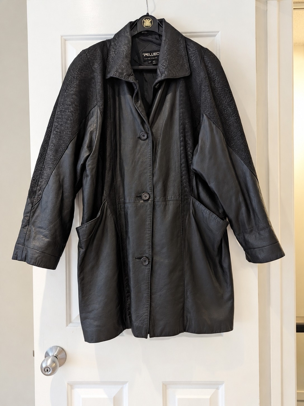 Vintage PELLE Black Leather Coat Jacket Snake Print Trim Whimsgoth 90s Grunge S